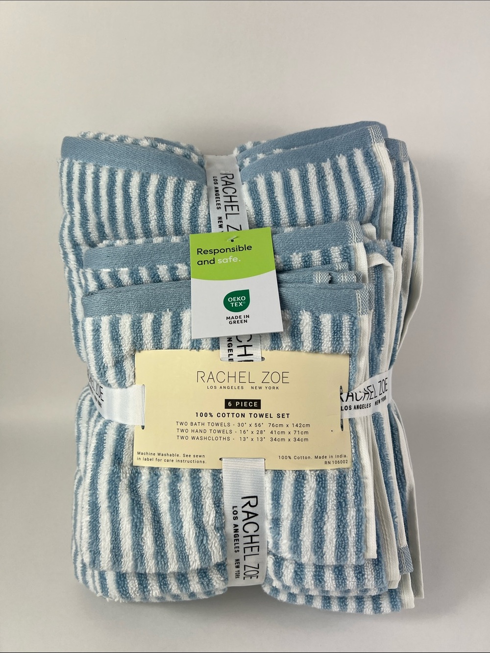 Rachel Zoe Bath Towel Set Light Blue White Striped Soft Cotton 6 Piece Set NEW